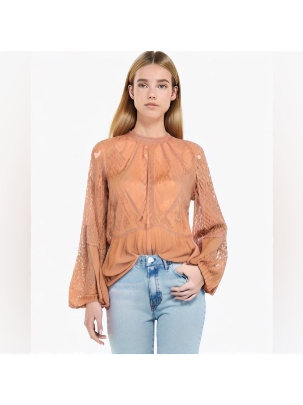 American Eagle Blush Pink Lace Peplum Bell Sleeve Long Sleeve Top Blouse